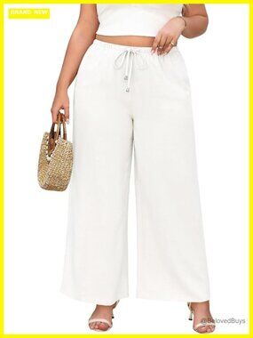 High Waisted Wide Leg Linen Palazzo Pants Plus Size Summer Casual